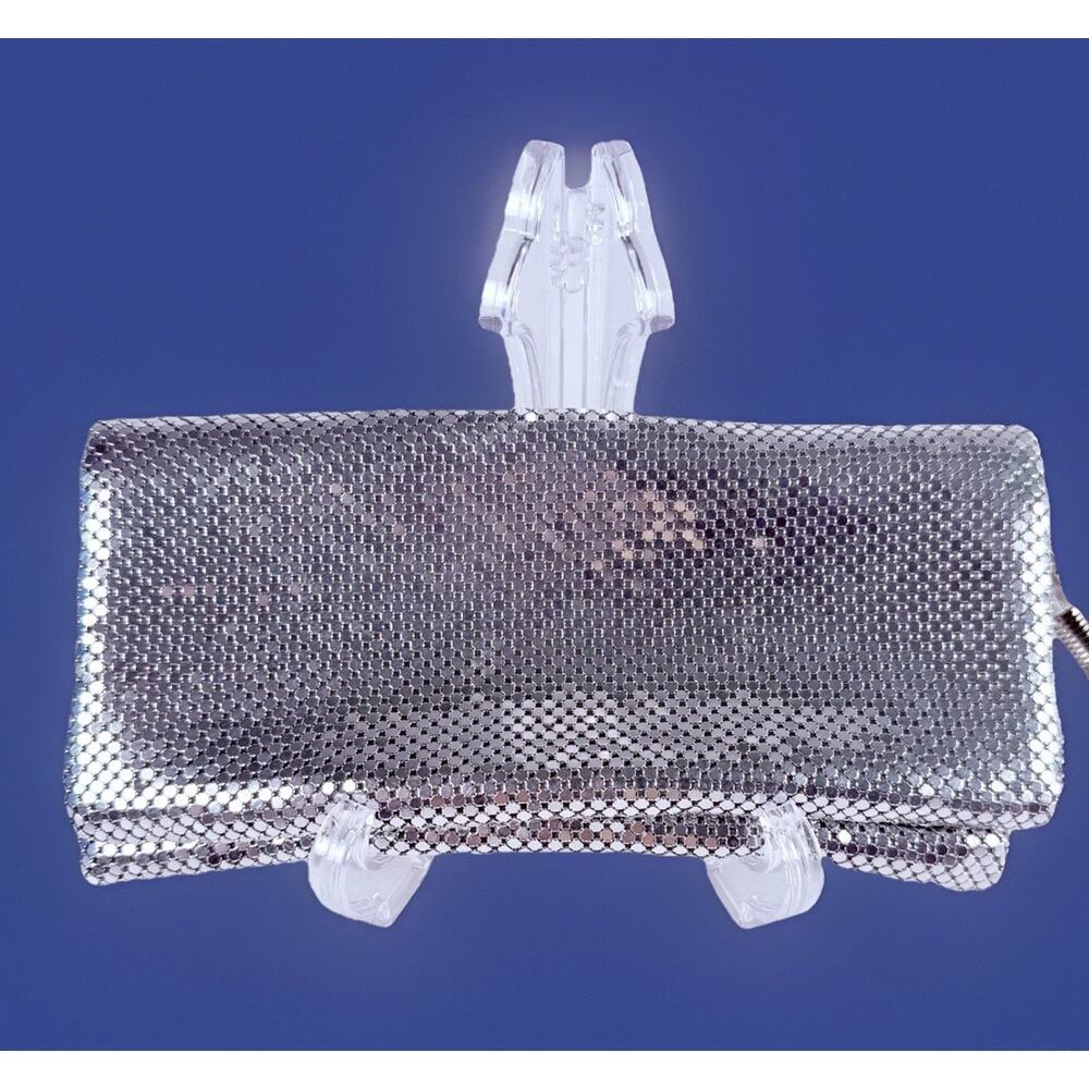 La Regale Silver Mesh Wristlet Clutch Purse Fold Over Evening Bag Metallic